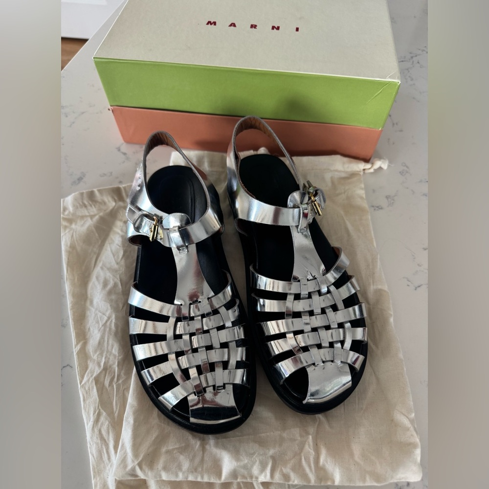 Marni Silver Metallic Fisherman Sandals Size 41
